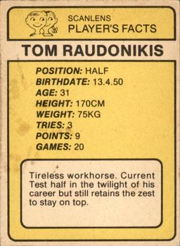 1981 Scanlens #118 Tommy Raudonikis Back